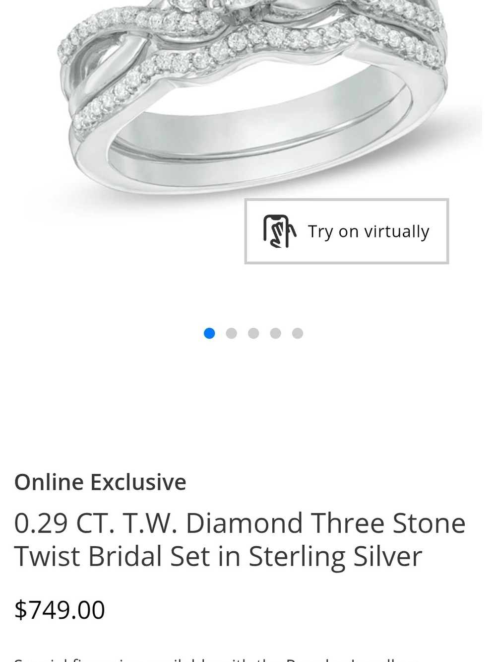 Sterling Silver 0.29 CTW Diamond Three Stone Twist Bridal Ring Set SIZE 7